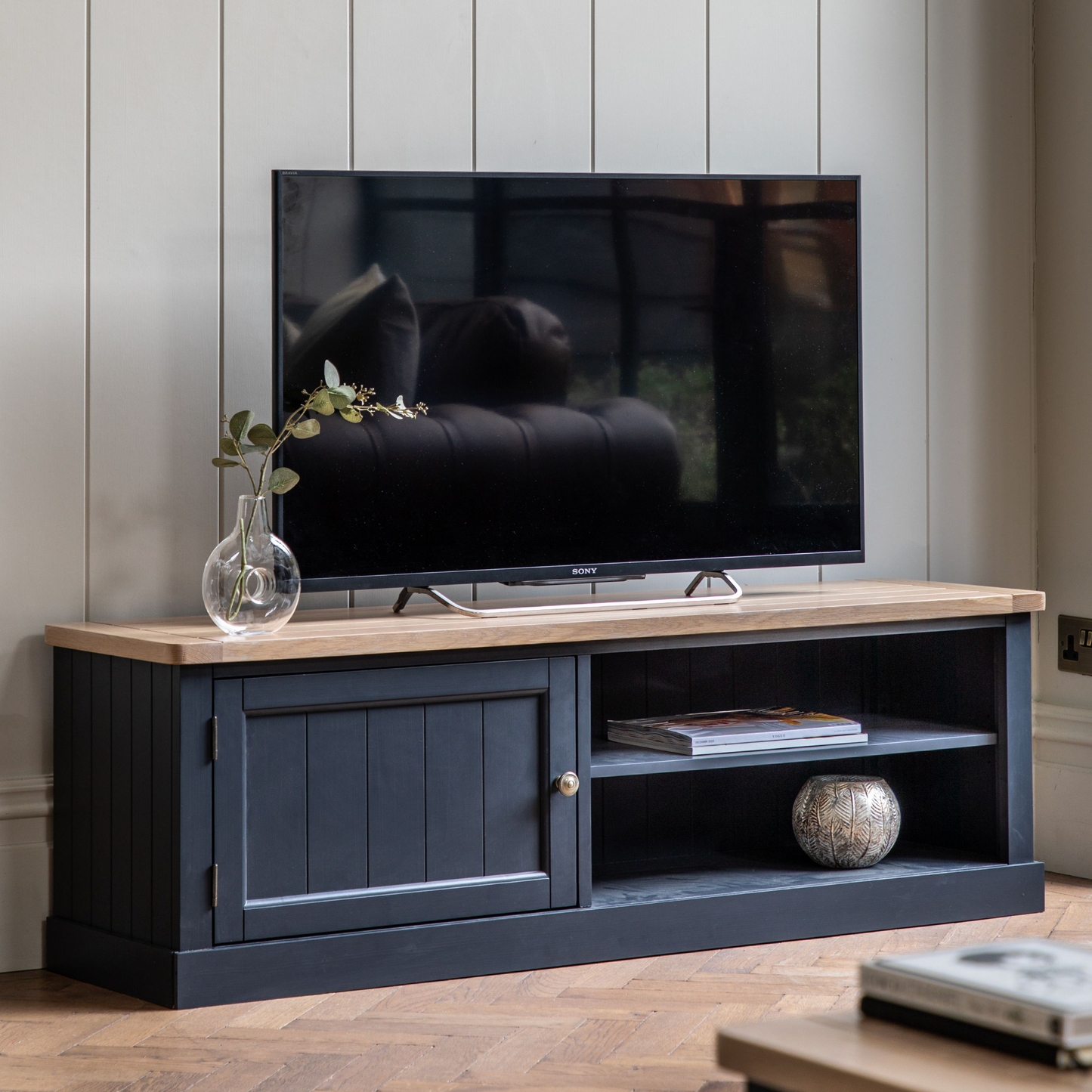A Buckland Media Unit in Meteor from Kikiathome.co.uk, blending interior decor and home furniture with a TV on top.