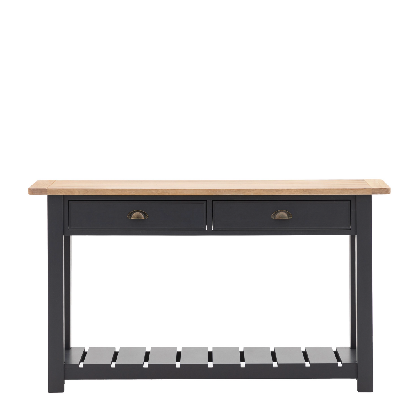 A Meteor-colored Buckland Console Table (w)1400x(d)380x(h)800mm with two drawers for interior decor.