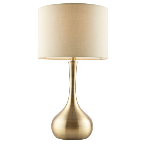 A brass and taupe Piccadilly table lamp, with a beige shade, perfect for home furniture and interior decor.