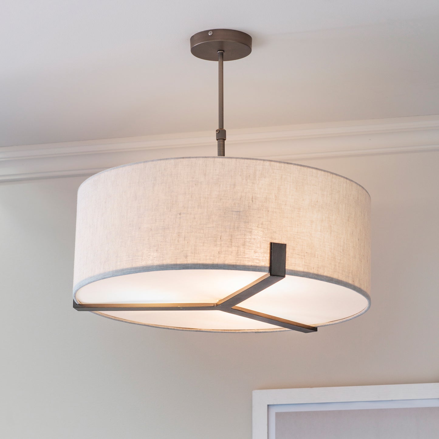 A Bronze/Natural pendant light with a white shade, perfect for home furniture and interior decor.