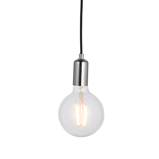 A Studio Pendant Light Chrome hanging from a black cord, adding a stylish touch to your home decor.