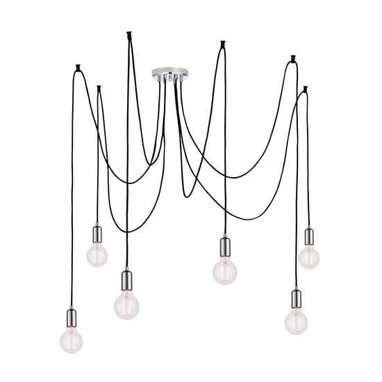 A modern Studio 6 Cluster Pendant Light Chrome by Kikiathome.co.uk with six bulbs hanging from the ceiling, perfect for home interior decor.