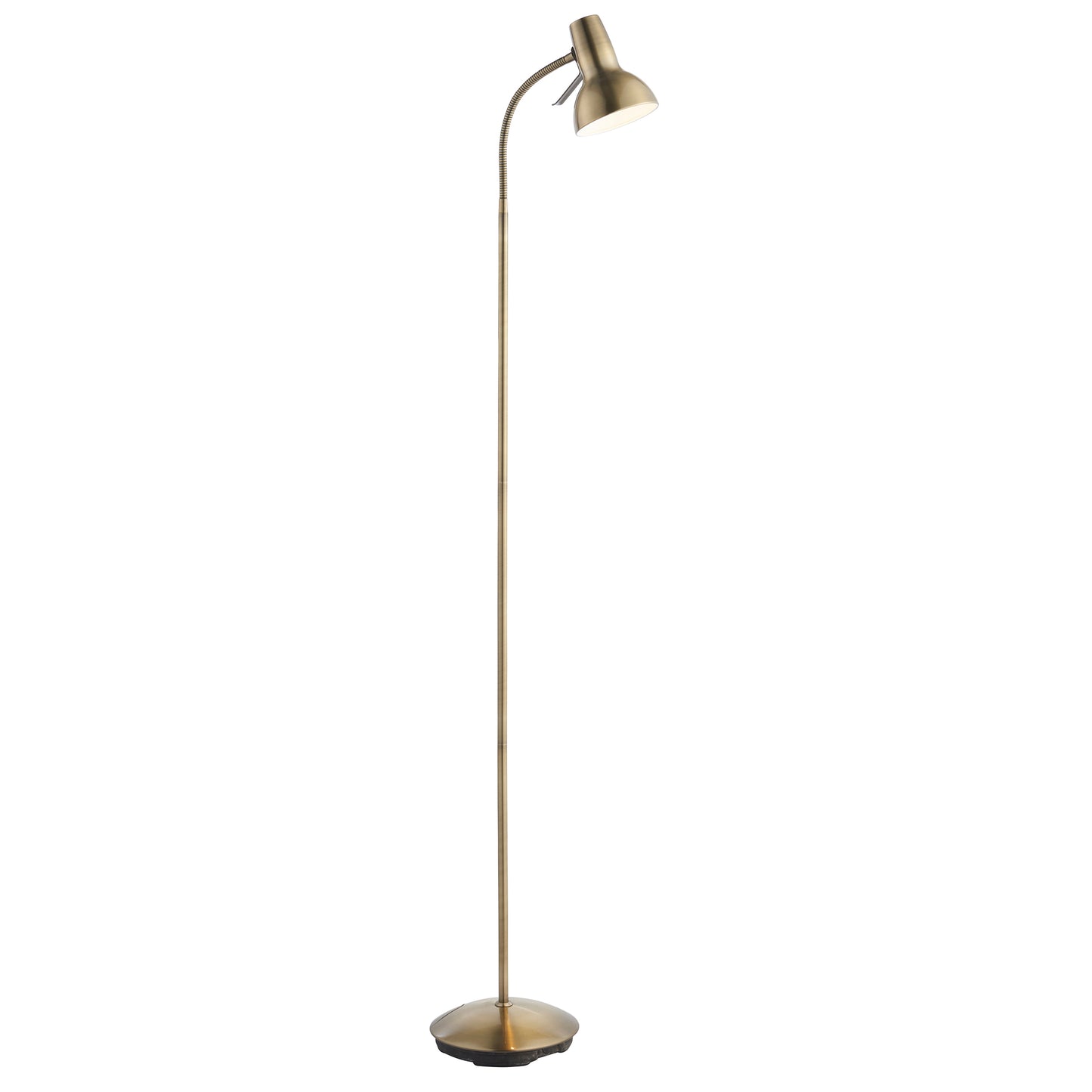 An Antique Brass Bickerton Floor Lamp with a white shade for interior decor or home furniture.