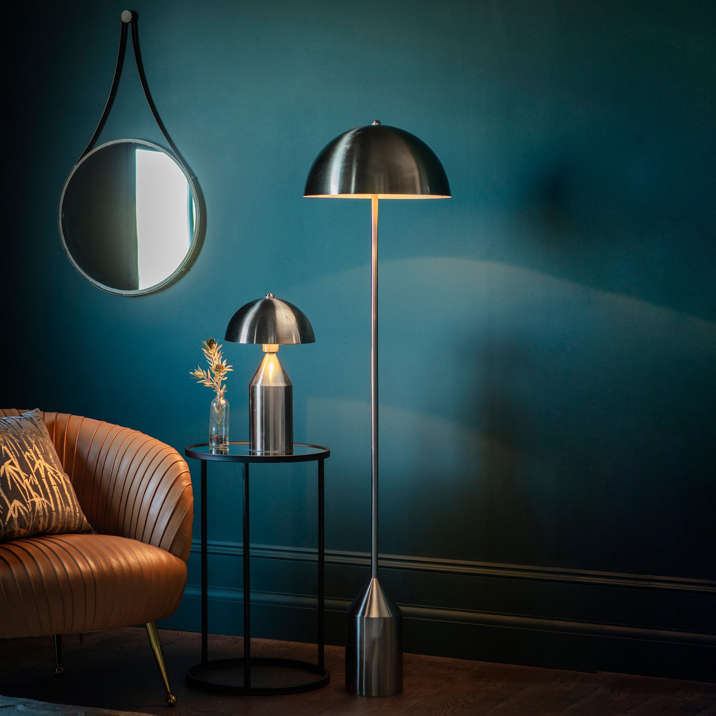 An interior decor room featuring a Nova Floor Lamp and mirror from Kikiathome.co.uk.