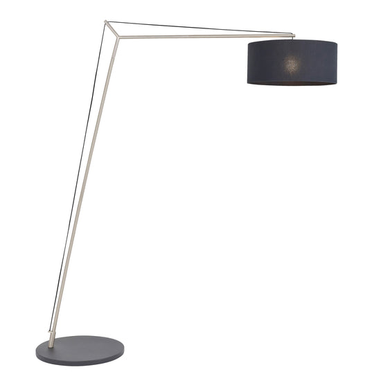 An antique nickel Buckland floor lamp with a black shade, perfect for interior decor.