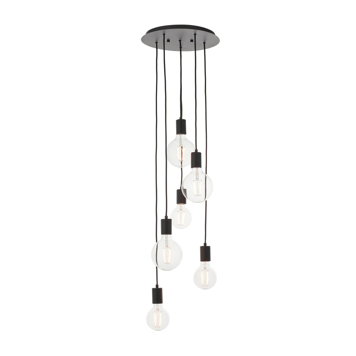 A Studio 6 Pendant Light Matt Black with five bulbs hanging from it, perfect for home furniture and interior decor by Kikiathome.co.uk.
