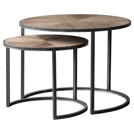 A set of two nesting tables with metal legs, perfect for interior decor or home furniture.