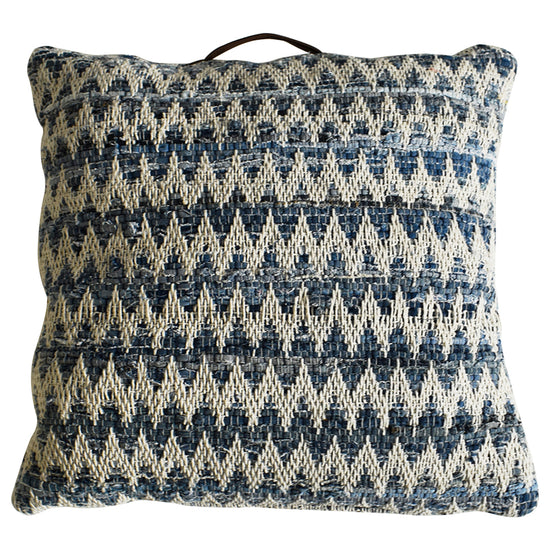 A Varberg Floor Cushion Blue 750x750mm from Kikiathome.co.uk is a stylish interior decor accessory with a geometric pattern.
