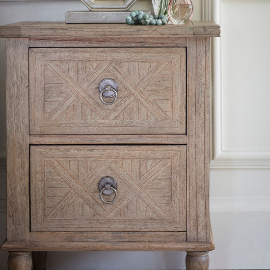A Kikiathome.co.uk bedside table with two drawers and a mirror, perfect for interior decor and home furniture.