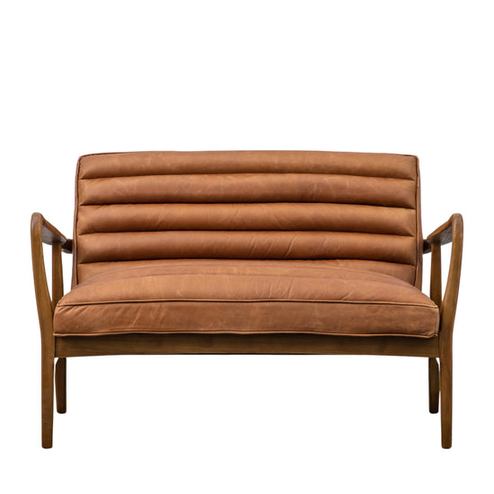 A Vintage Brown Leather 2 Seater Sofa with wooden legs for interior decor and home furniture.