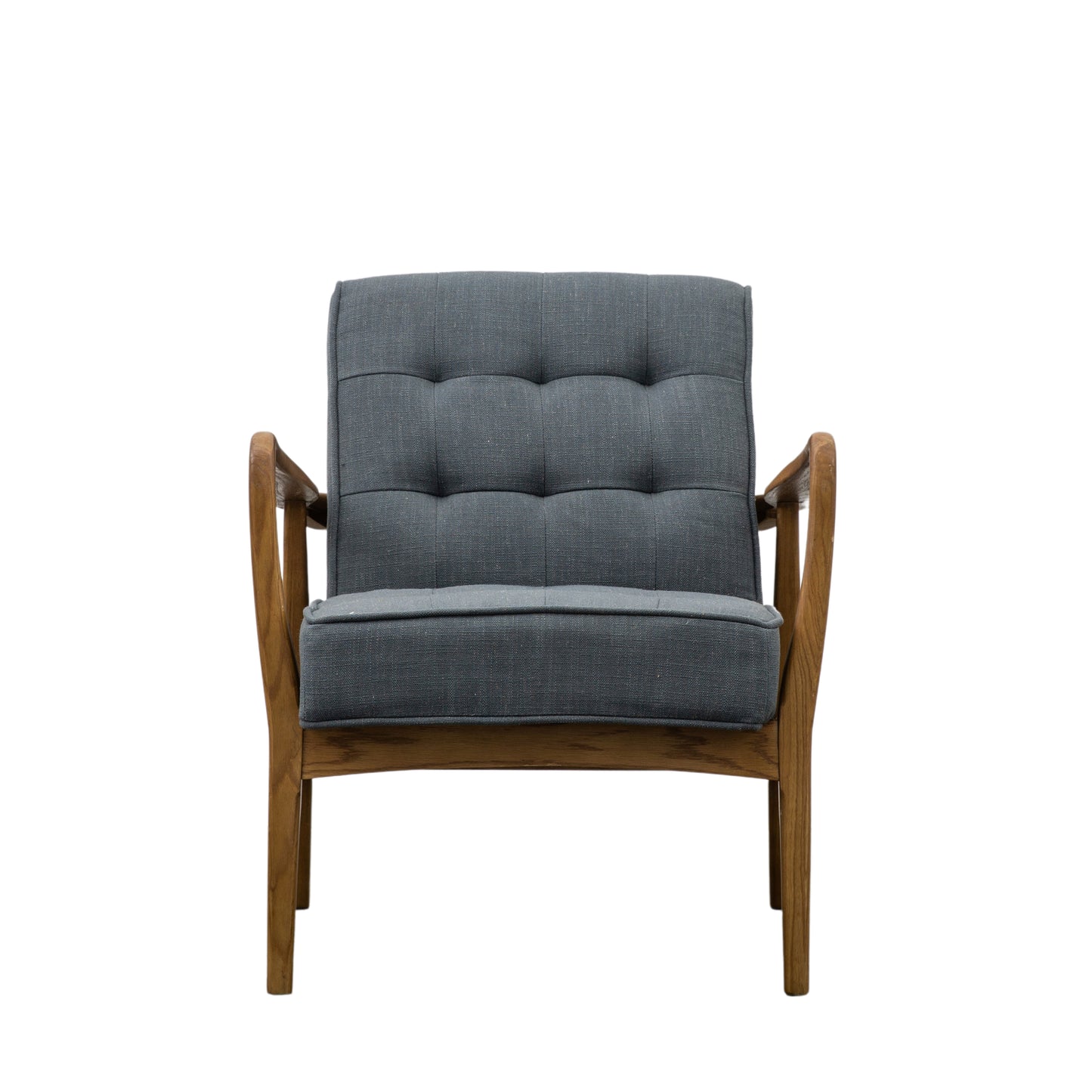 A Dark Grey Linen Camber Armchair with wooden legs for home furniture and interior decor from Kikiathome.co.uk.