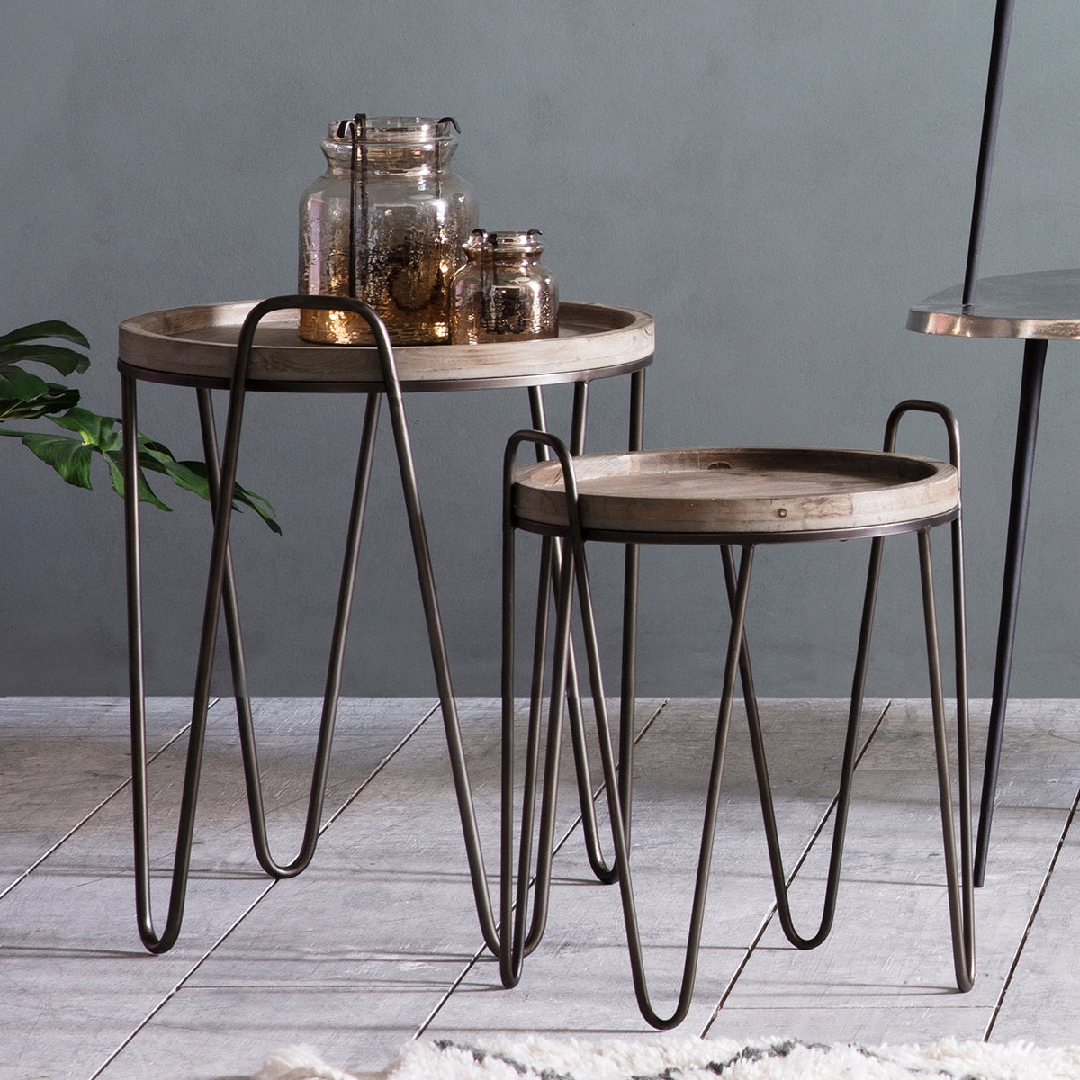 Nuffield Nest of 2 Tables with metal legs and vases for home furniture and interior decor.