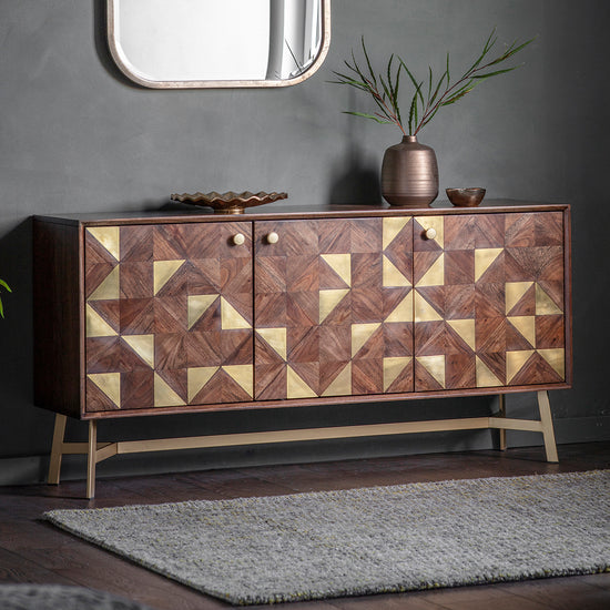 A Kikiathome.co.uk wooden sideboard with geometric patterns and a mirror, named the Tate 3 door Sideboard for interior decor or home furniture.