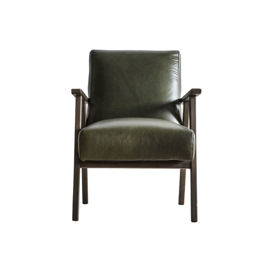 A Neyland Armchair Heritage Green Leather chair with a wooden frame for home furniture from Kikiathome.co.uk.