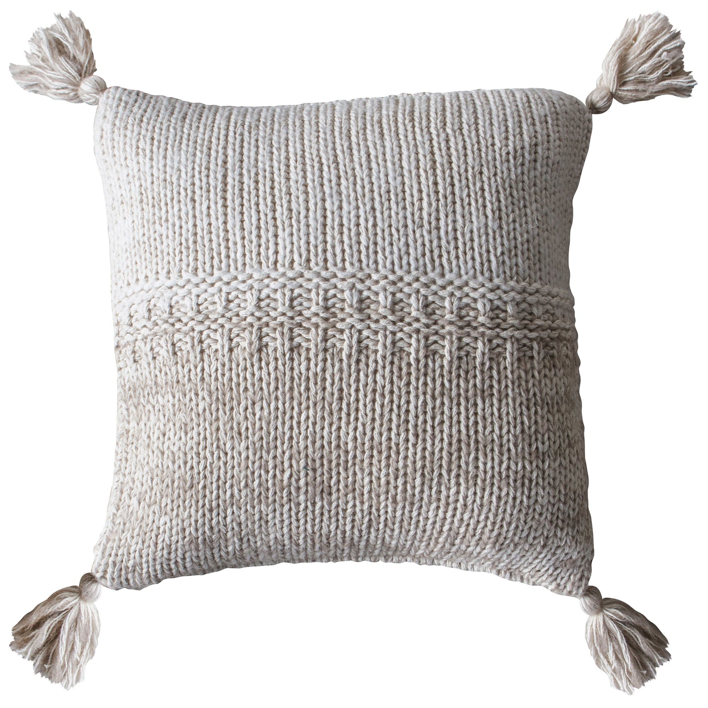 A 2 Tone Knitted Cushion Oatmeal Cream 450x450mm with tassels for interior decor.