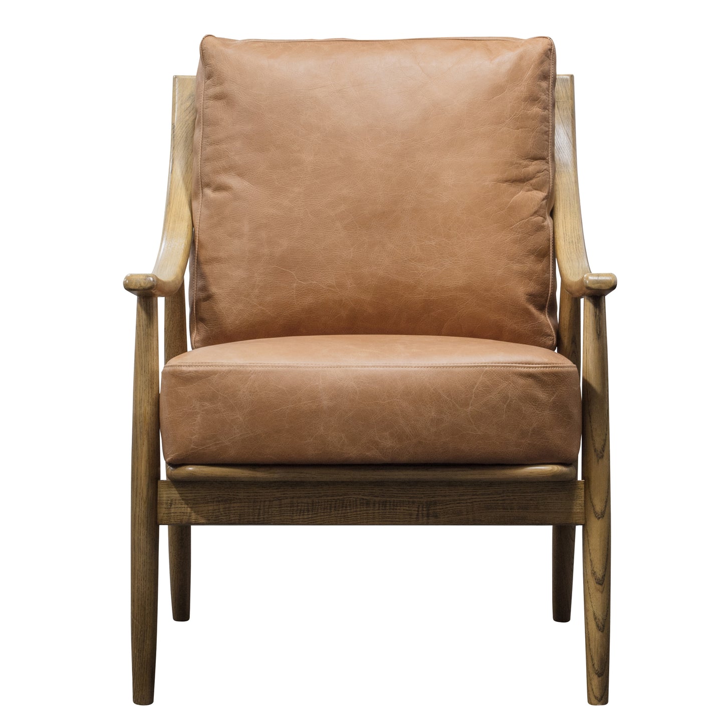 A Reliant Armchair Brown Leather with wooden legs for interior decor.