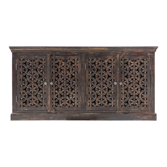 An ornate Chillington 4 Door Sideboard 1800x410x900mm with intricate carvings, perfect for home furniture and interior decor, from Kikiathome.co.uk.