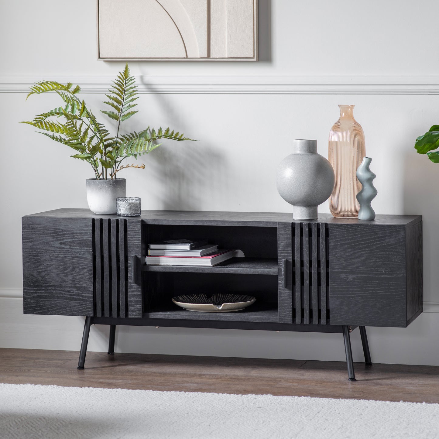 Interior decor and home furniture unite with a Holston Media Unit Black 1400x420x550mm by Kikiathome.co.uk in a living room.