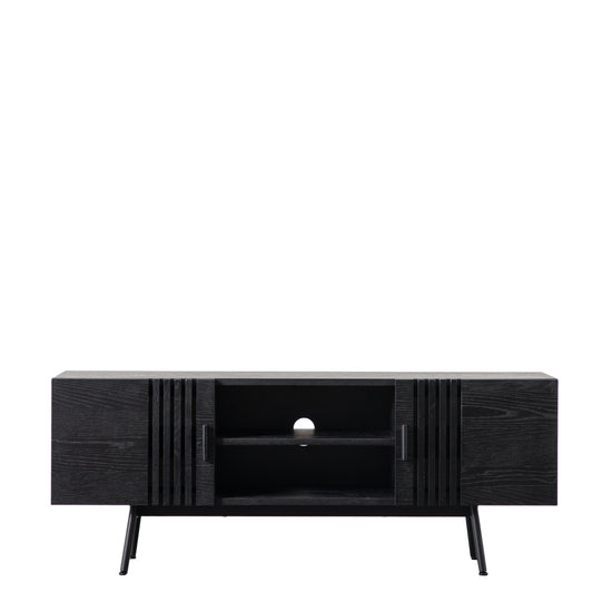 A Holston Media Unit Black tv stand with two doors and two drawers for interior decor and home furniture from Kikiathome.co.uk.