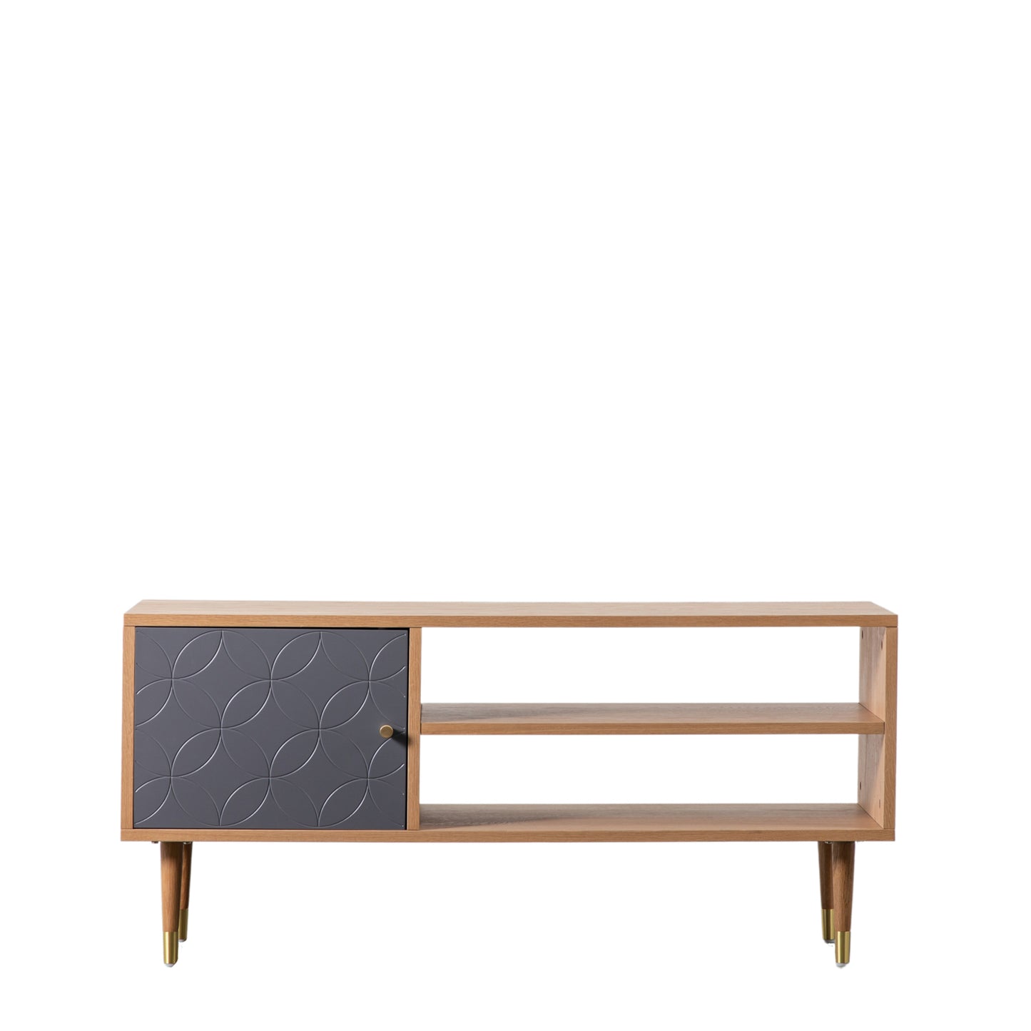 A sleek and stylish Newbury Media Unit in Oak Grey with black legs, perfect for home furniture and interior decor.