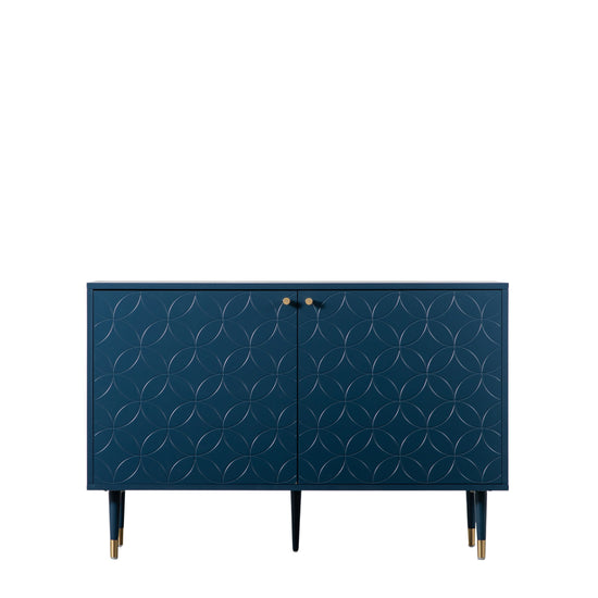 A Thurlestone 2 Door Cabinet Blue 1200x400x790mm with gold legs, perfect for interior decor, from Kikiathome.co.uk.