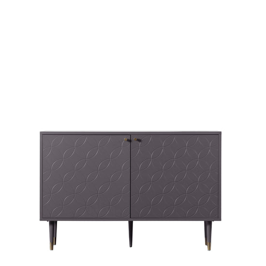 A Thurlestone 2 Door Cabinet Grey with gold legs for interior decor from Kikiathome.co.uk.