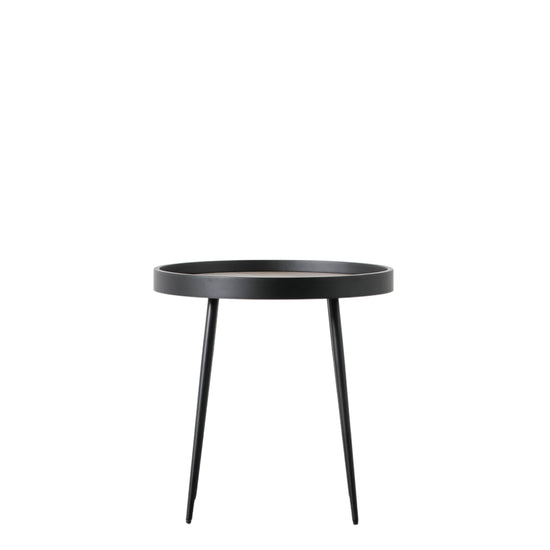 A black Pelham Side Table 500x500x500mm with two legs and a round top for interior decor from Kikiathome.co.uk.