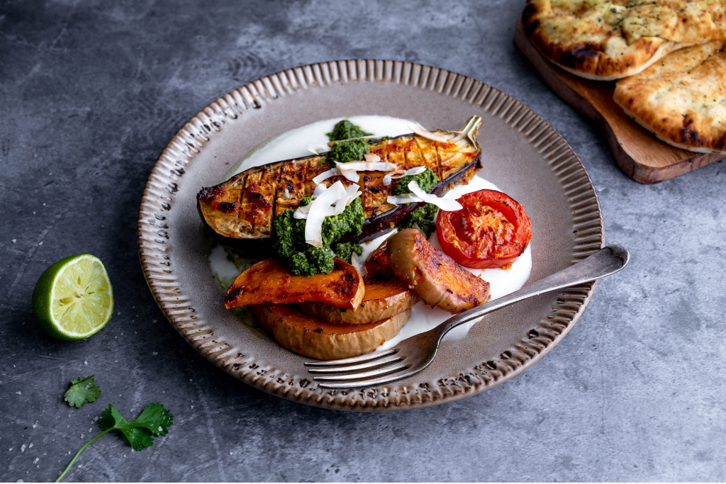 Roast Spiced Aubergines, Pumpkin & Tomatoes with Coconut & Green Chutney