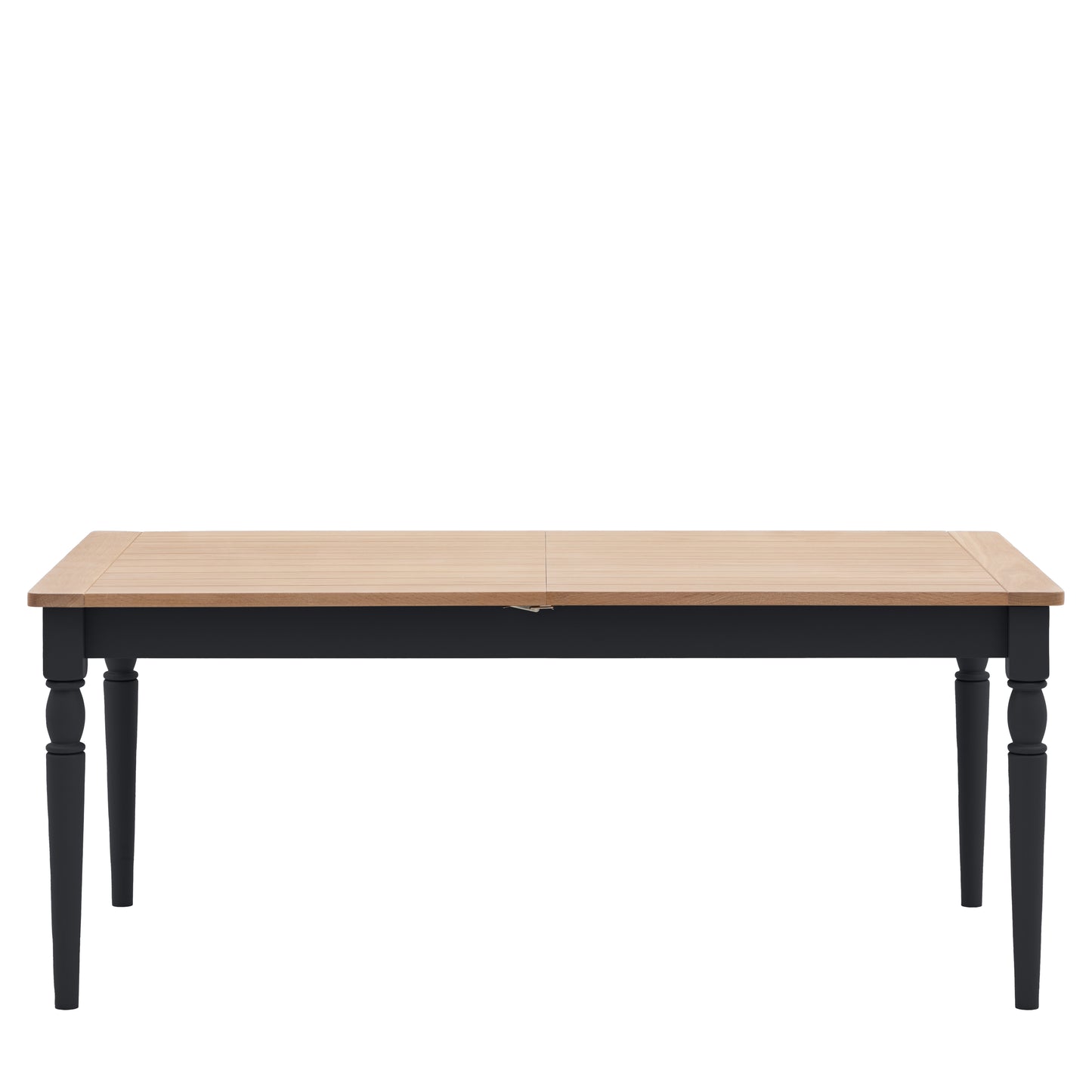 A rectangular meteor dining table with black legs and a black top for interior decor and home furniture.