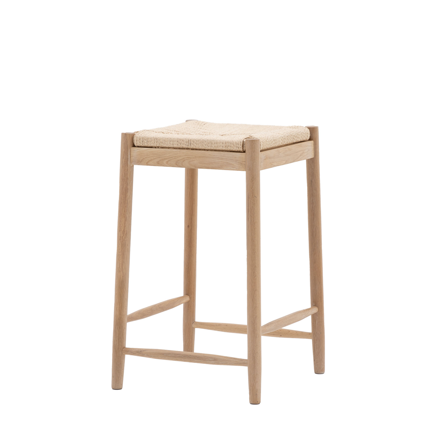 A Buckland Oak Stool with a woven seat for interior decor.
