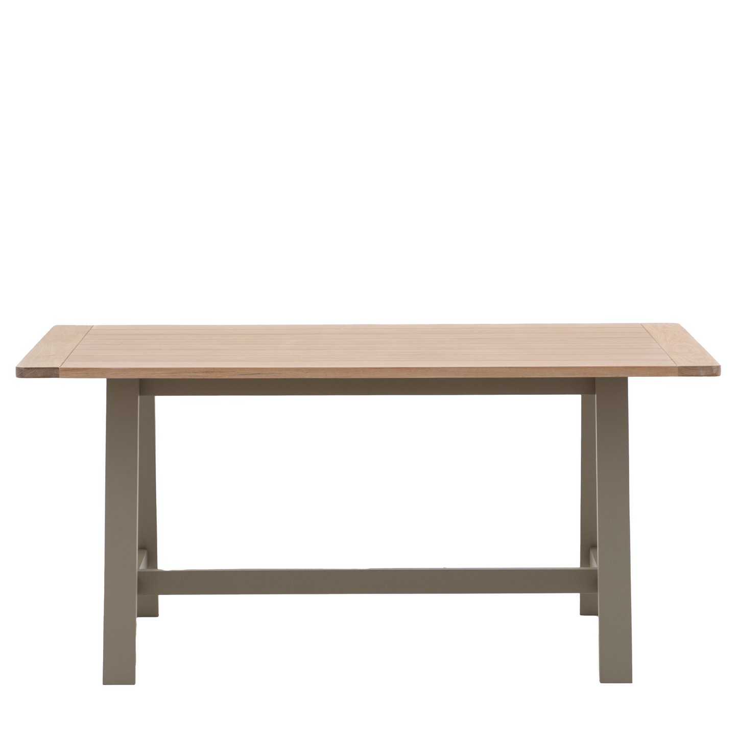 A rectangular Buckland Trestle Table in Prairie with wooden top and grey legs, perfect for interior decor and home furniture.
