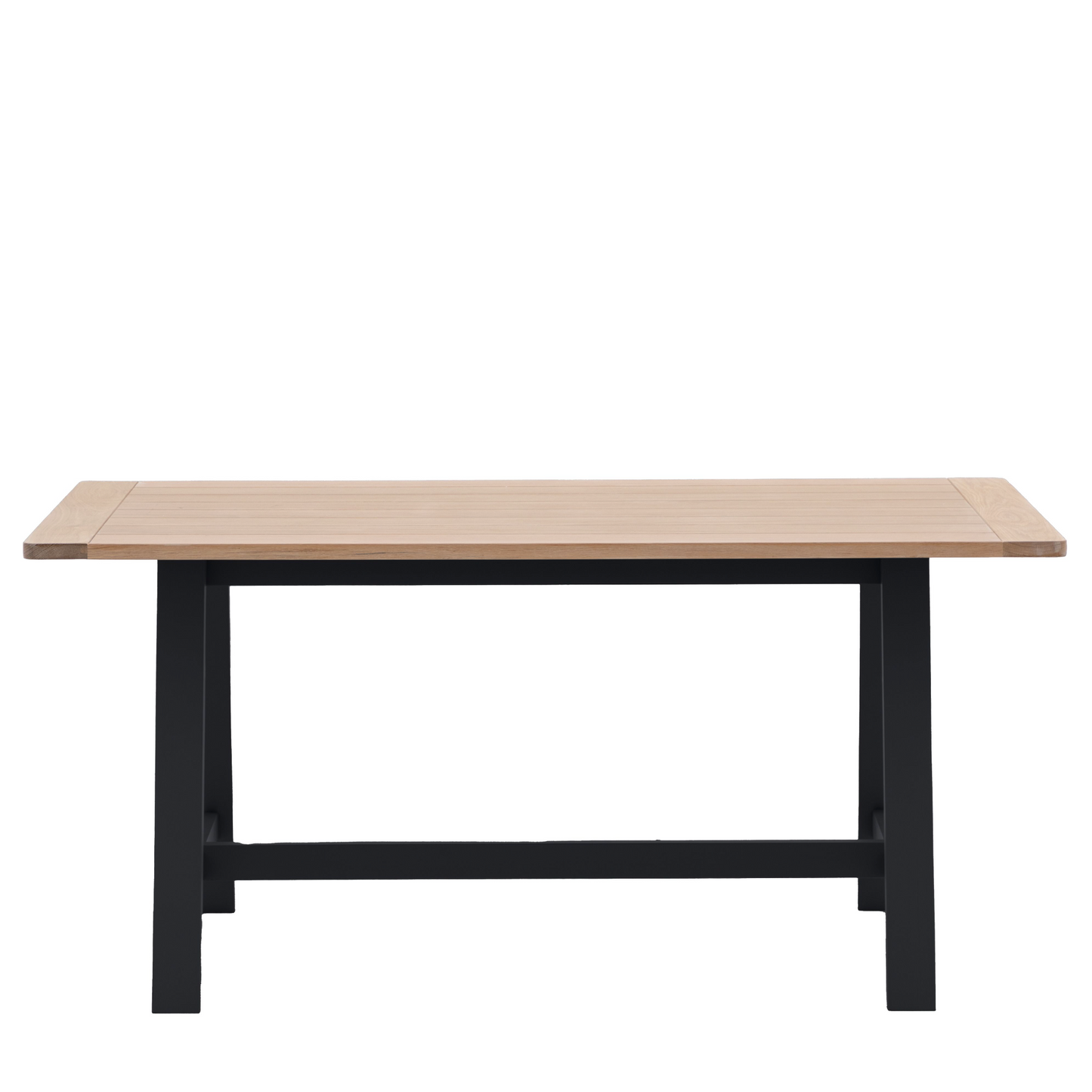 A Buckland Trestle Table 1600x800x750 in Meteor with black legs for interior decor.