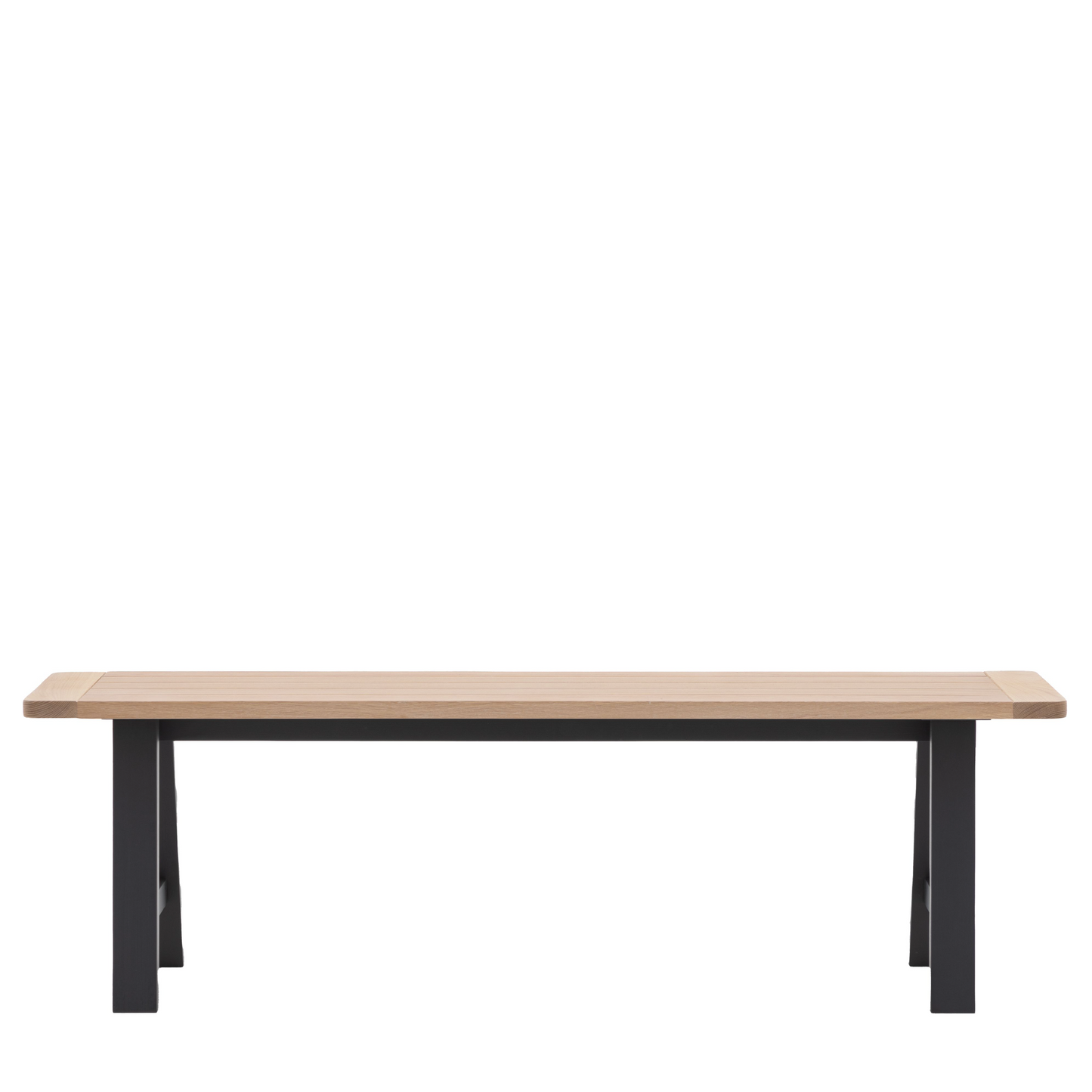 A Buckland Trestle Bench with black legs on a white background, perfect for interior decor.
