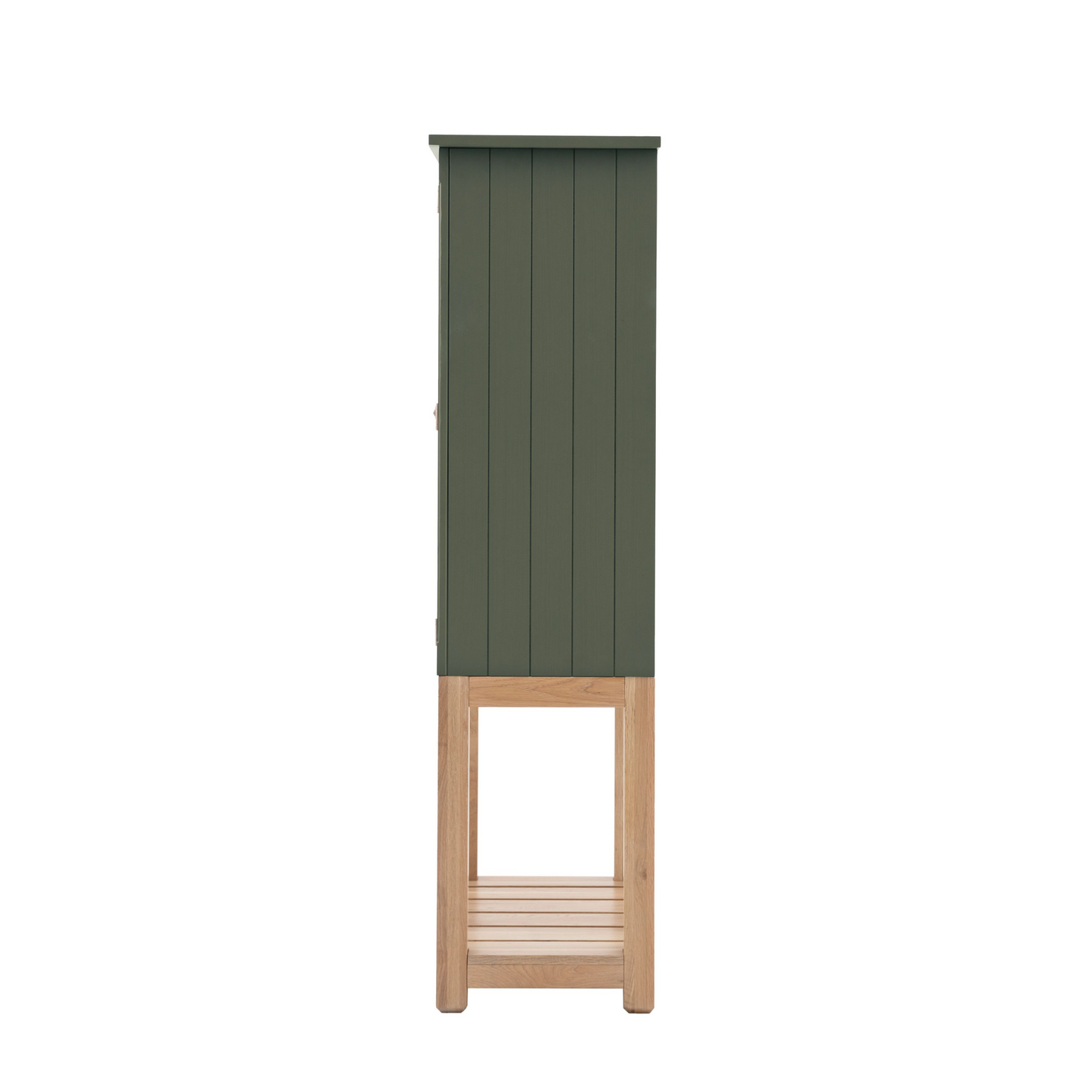 A Moss-colored Buckland 2 Door Storage Cupboard (w)900x(d)450x(h)1700mm with a wooden shelf, perfect for home furniture and interior decor.