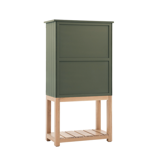 A Moss-colored Buckland 2 Door Storage Cupboard in (w)900x(d)450x(h)1700mm on a wooden stand for interior decor.