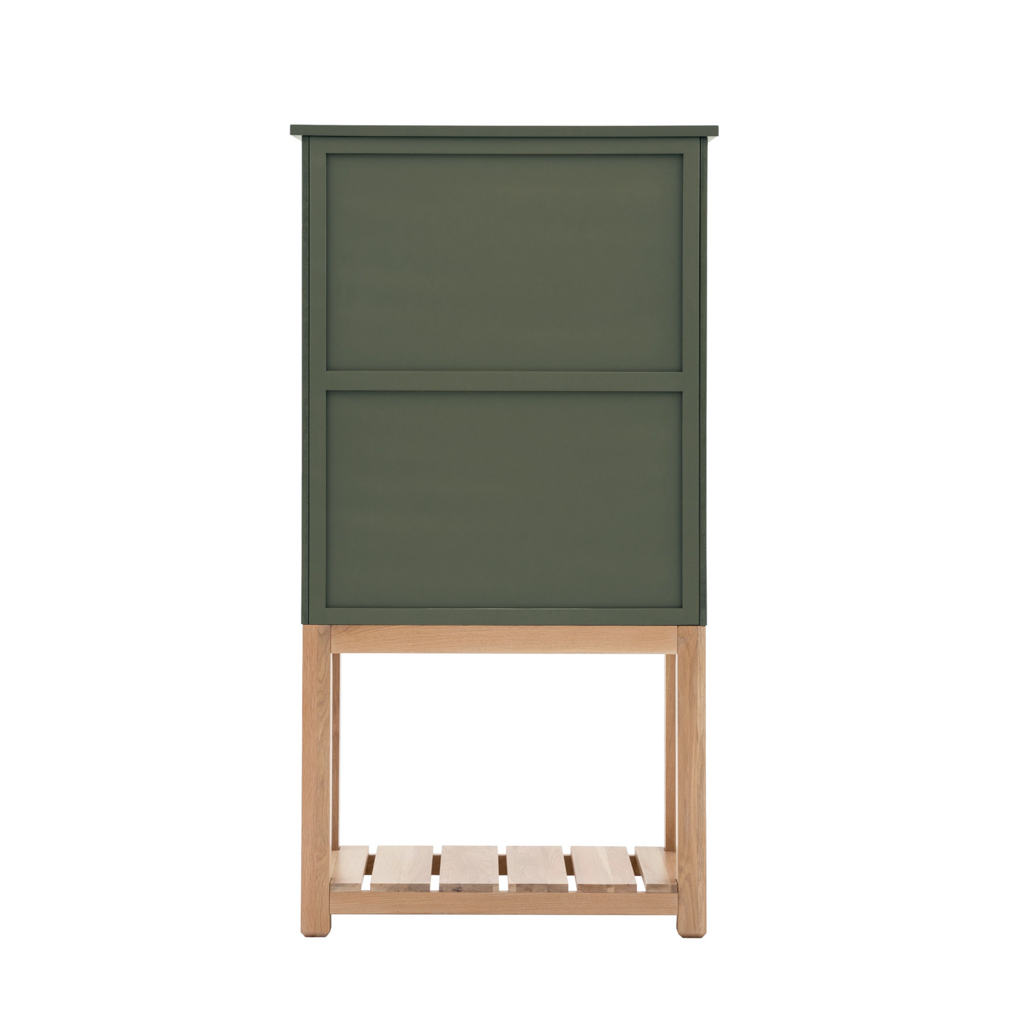 A Buckland 2 Door Storage Cupboard in Moss on a wooden stand, perfect for interior decor from Kikiathome.co.uk.