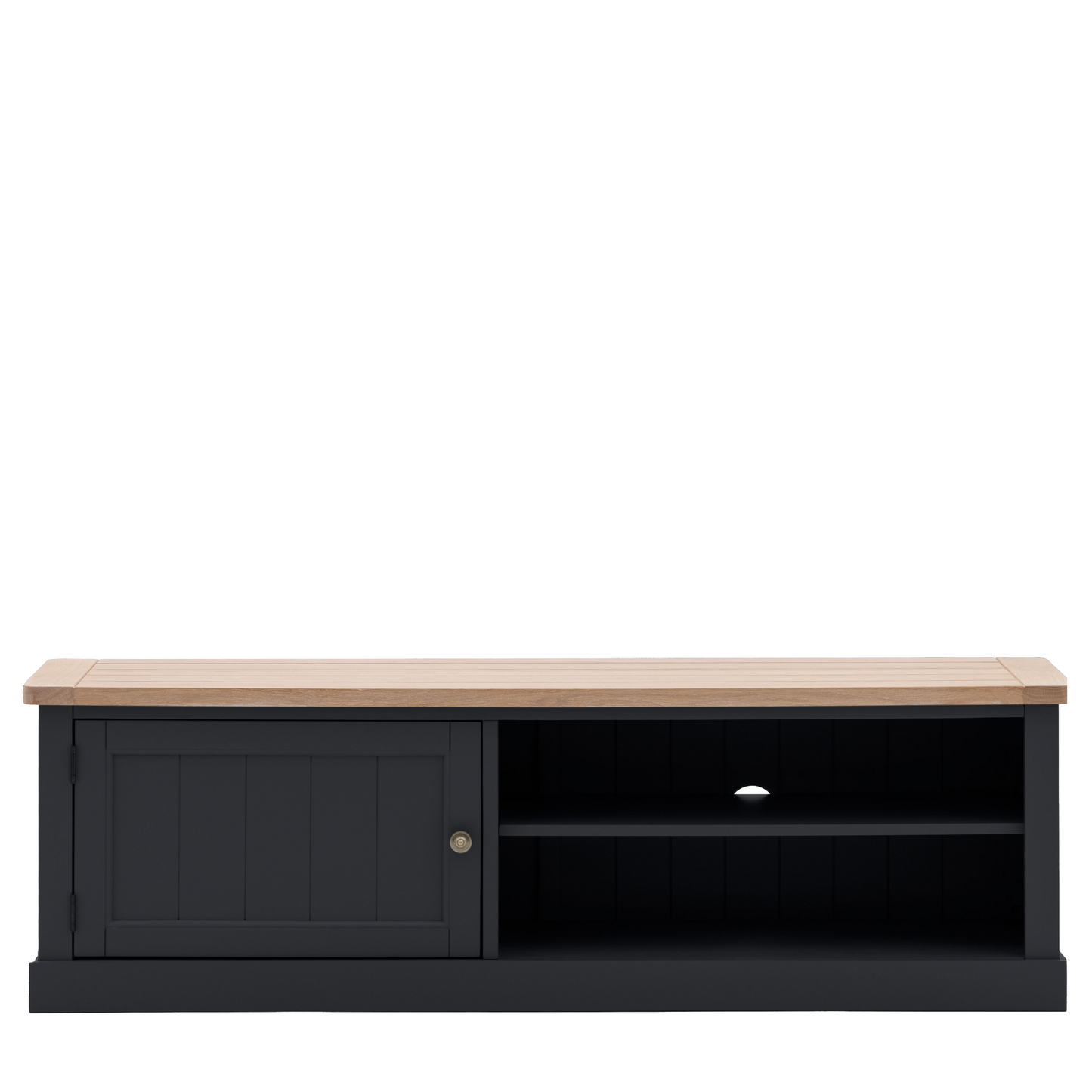 A black Buckland Media Unit 1400x375x450mm in Meteor with a wooden top for interior decor purposes.