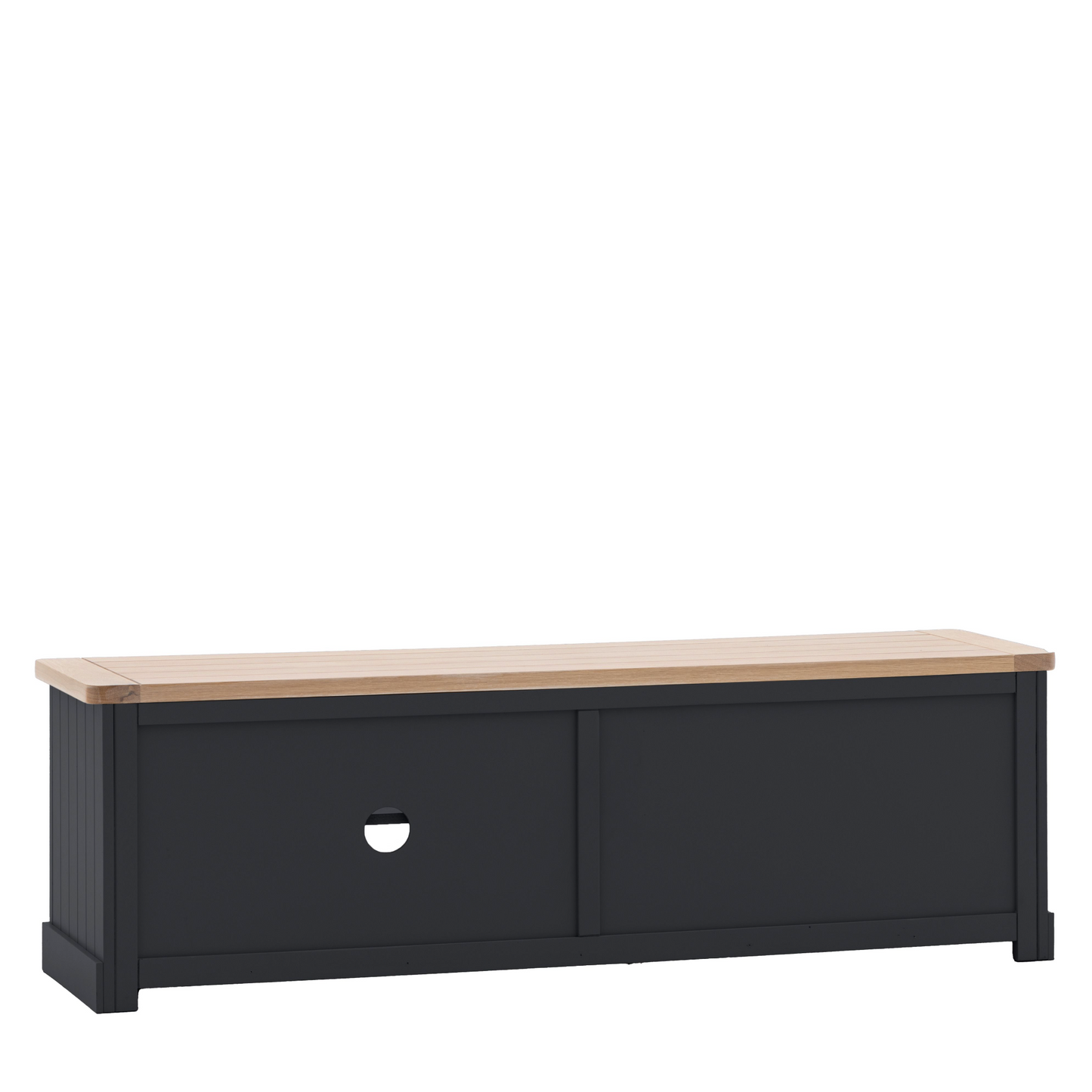 A Buckland Media Unit 1400x375x450mm in Meteor with two drawers for interior decor.