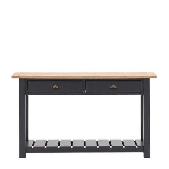 A Meteor-colored Buckland Console Table (w)1400x(d)380x(h)800mm with two drawers for interior decor.