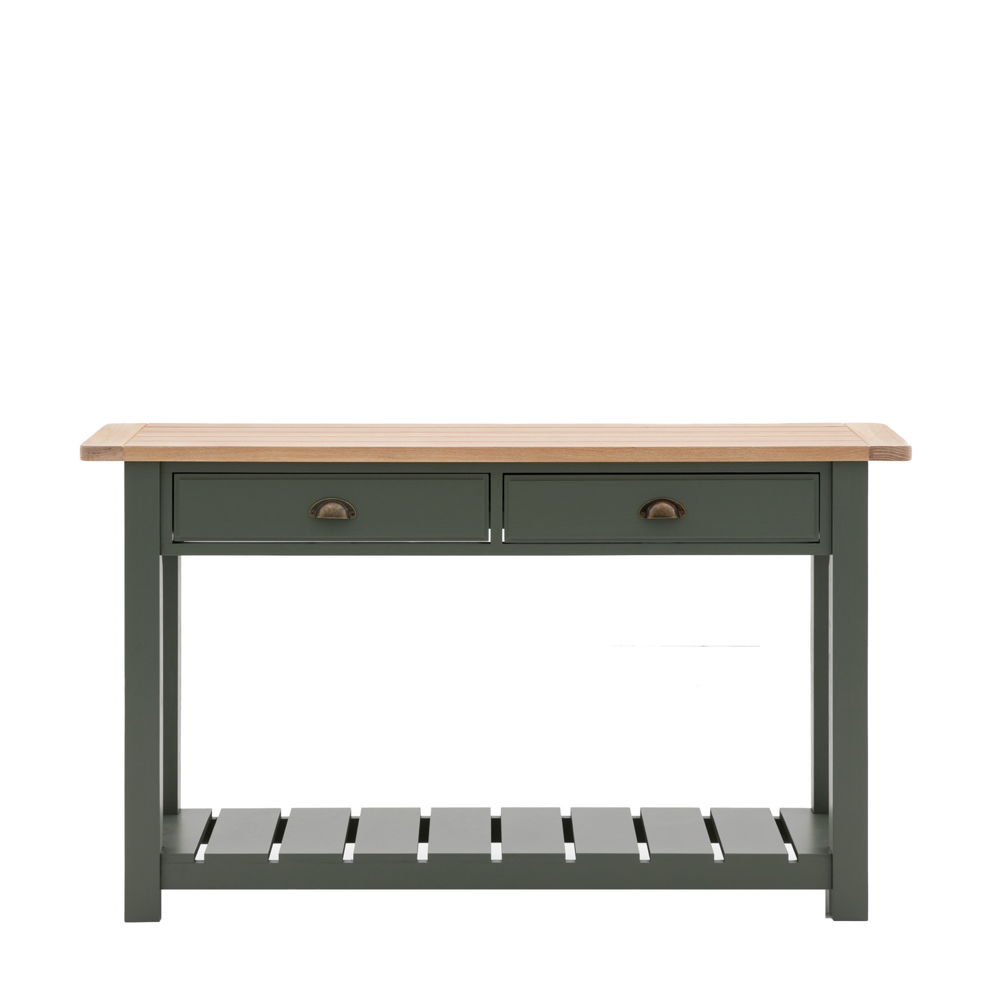 A Buckland Console Table (w)1400x(d)380x(h)800mm in Moss with two drawers for interior decor.