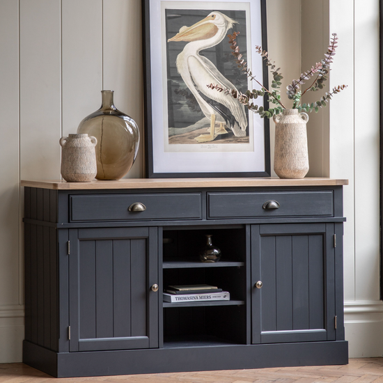 A grey Buckland 2 Door 2 Drawer Sideboard in Meteor with a picture of a pelican on it, perfect for interior decor and home furniture enthusiasts, available at Kikiathome.co