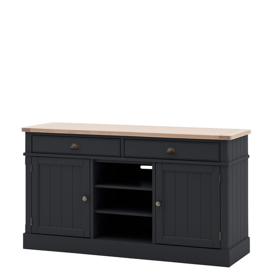 A black Buckland 2 Door 2 Drawer Sideboard in Meteor from Kikiathome.co.uk that enhances interior decor with its home furniture design.