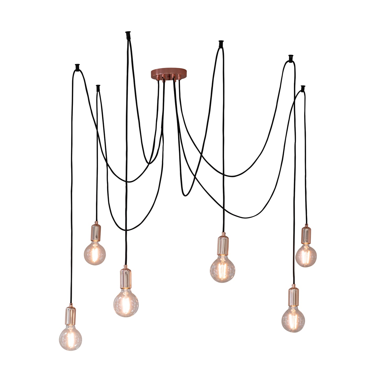 Interior decor, home furniture - Five Studio 6 Cluster Pendant Light Copper light bulbs hanging from a chain on a white background.