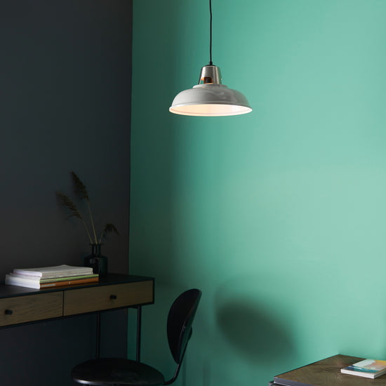 Load image into Gallery viewer, A room with green walls and a Staverton Shade Taupe from Kikiathome.co.uk hanging above a desk, showcasing interior decor.
