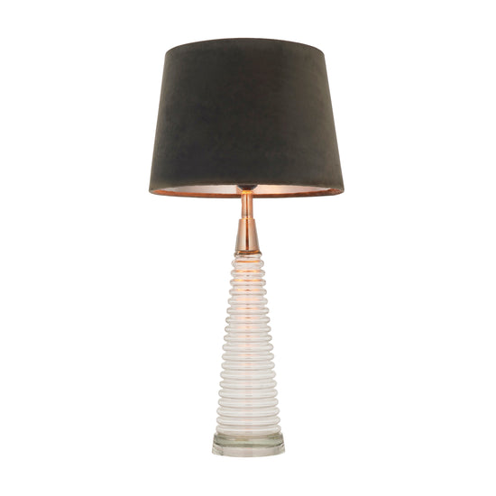 A Naia 1 Table Light Clear Glass & Mocha lamp with a black shade, perfect for home furniture and interior decor.