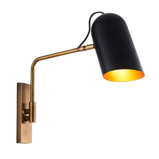 A home decor item from Kikiathome.co.uk featuring a Navren 1 Wall Light with black shade and golden accents.