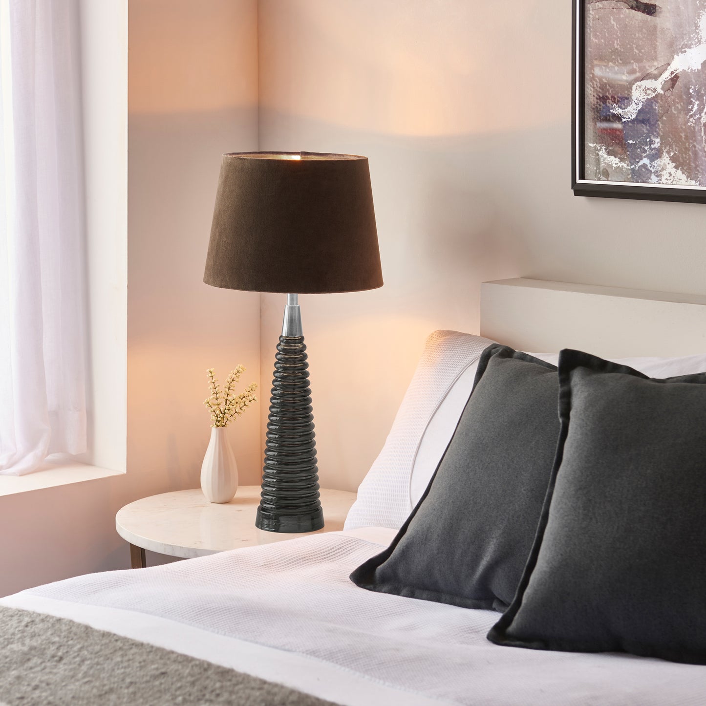 Load image into Gallery viewer, A Naia 1 Table Light Grey Glass &amp;amp; Mocha lamp for home furniture and interior decor.
