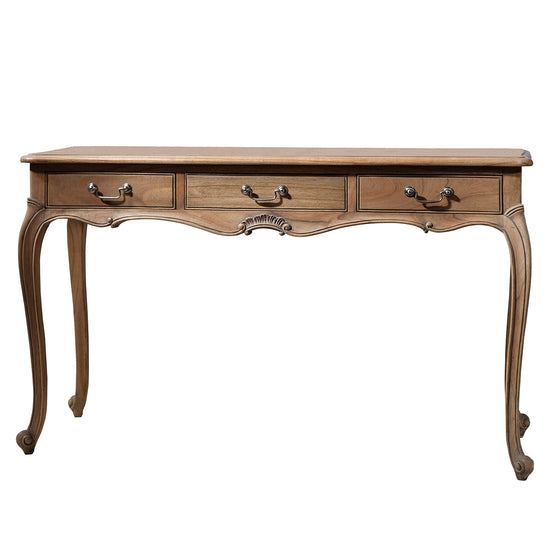 A Holne Dressing Table Weathered 1260x450x760mm with three drawers for interior decor.