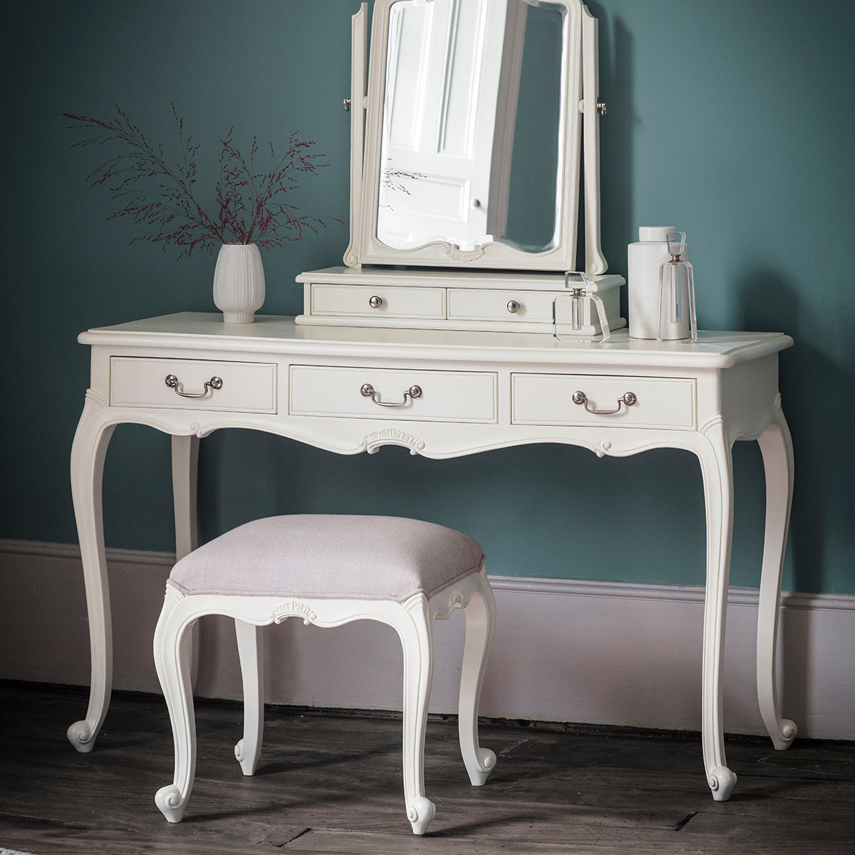 A Holne Dressing Table Vanilla White 1260x450x760mm with a mirror and stool for interior decor or home furniture from Kikiathome.co.uk.