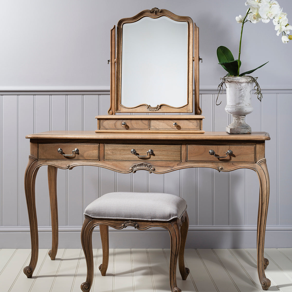An ornate Holne Dressing Table and mirror with a weathered finish, sold by Kikiathome.co.uk.